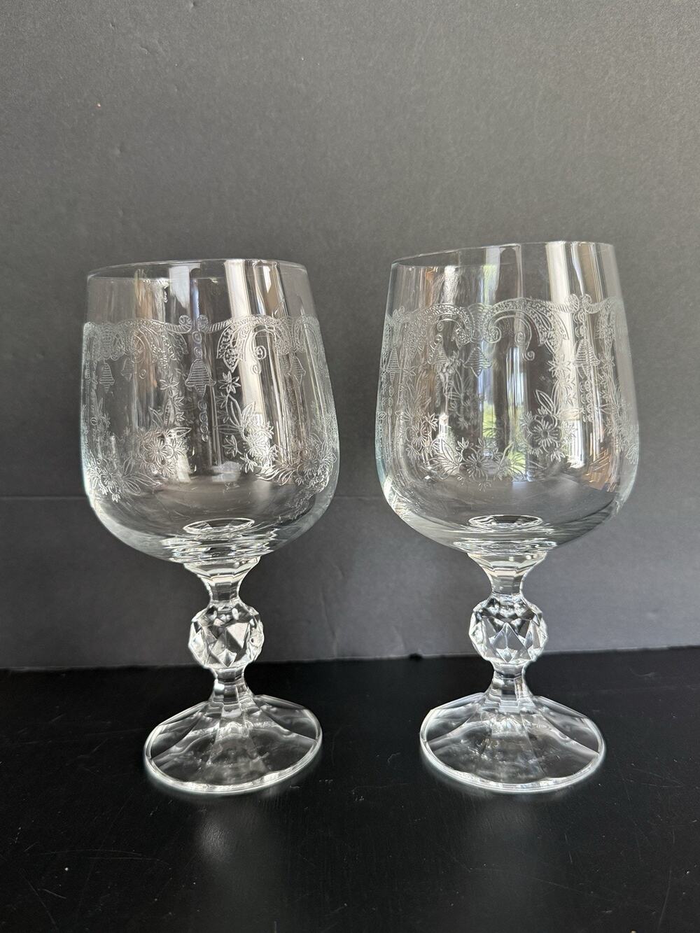 Vintage Bohemia Crystal Claudia Wine Water Goblets Etched Ball Stem Set of 2